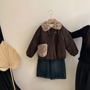 两件套潮 韩系儿童洋气加绒皮衣外套加绒九分裤 女童秋冬装 新款