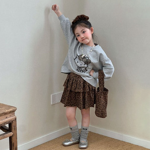 女童春季新款韩系卡通印花圆领上衣百搭豹纹半身裙包包两件套