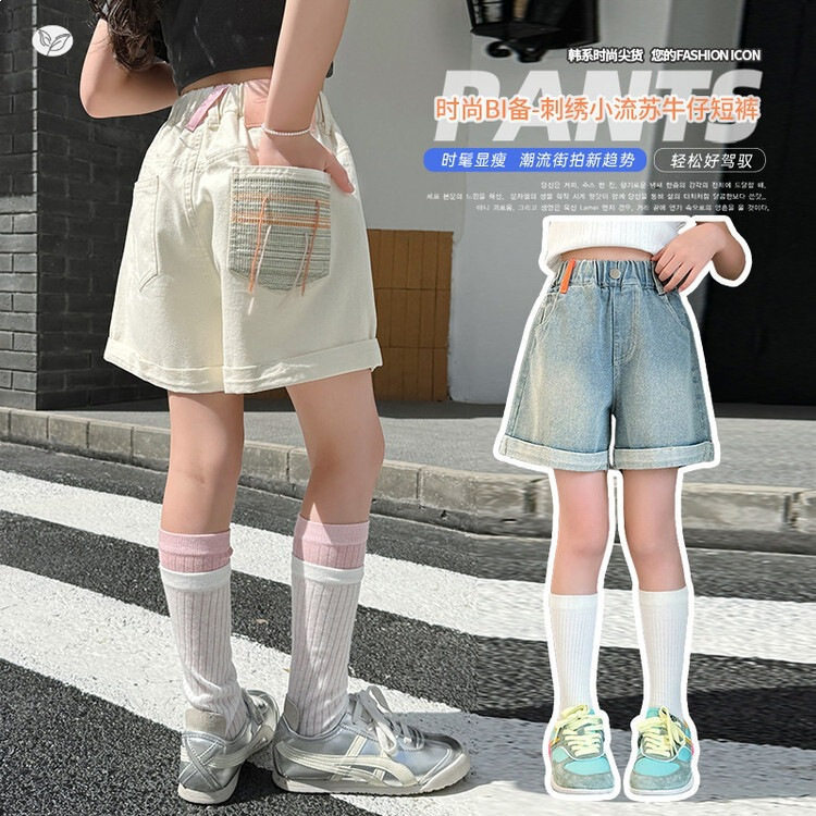 女童夏季新款中大童流苏刺绣牛仔短裤卷边直筒裤热裤夏天裤子