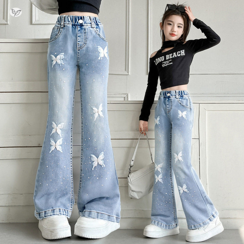 女童夏季新款中大童烫钻微喇裤立体蝴蝶牛仔裤夏装喇叭裤长裤