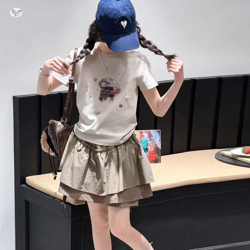 女童夏季新款中大童修身印花T恤双层格子半身裙洋气A字裙套装