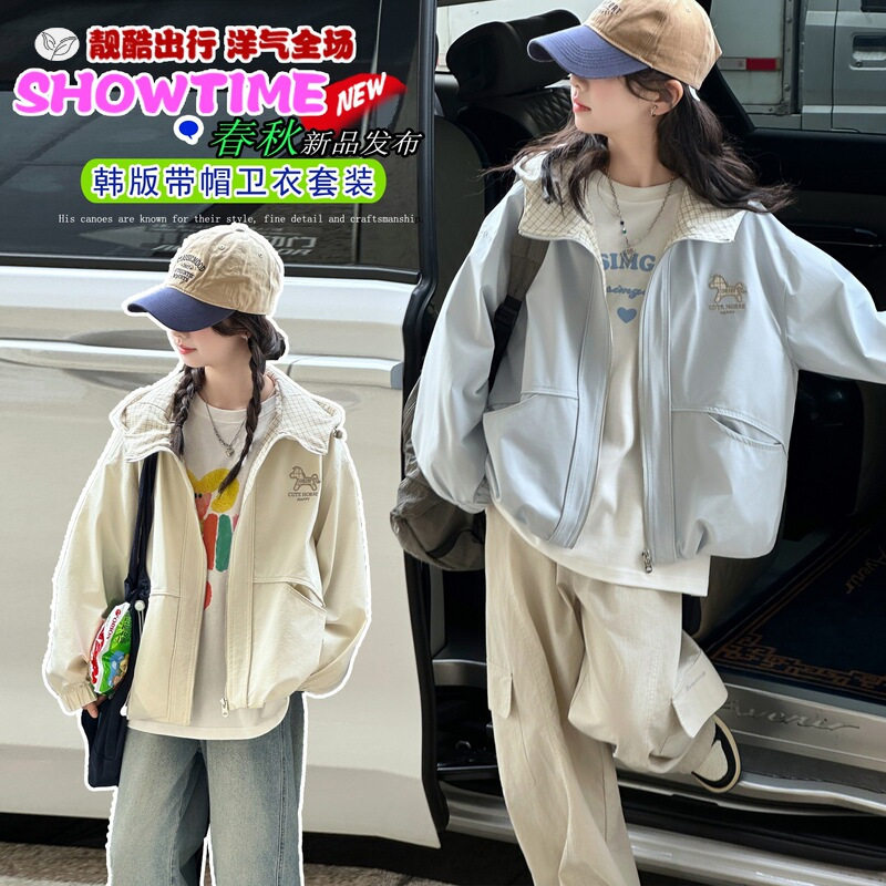 女童春季新款中大童连帽外套可爱小马刺绣夹克衫休闲上衣