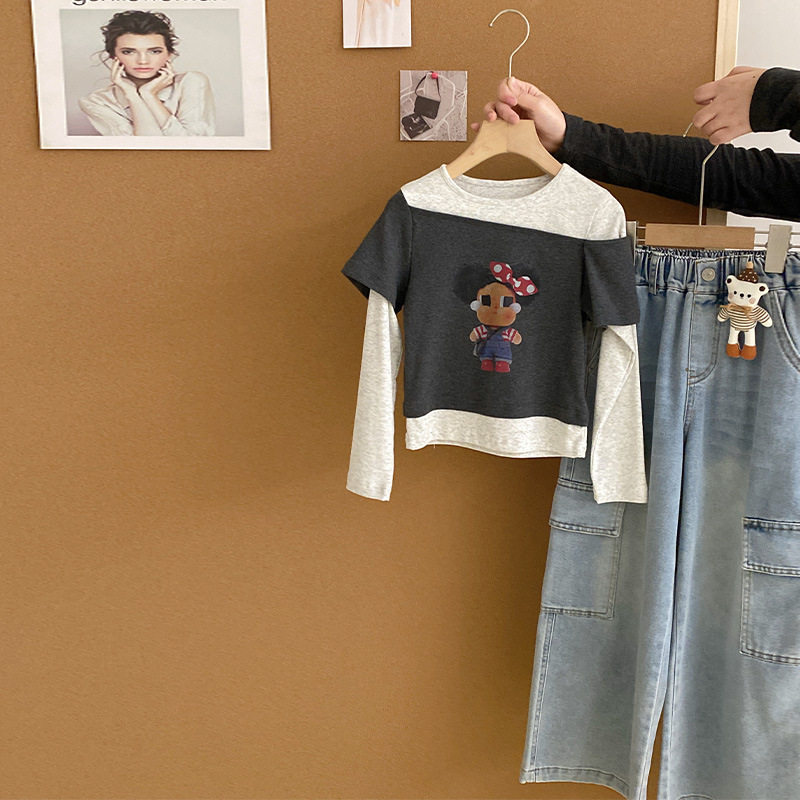 女童春装新款韩系卡通假两件长袖T恤儿童牛仔裤运动裤两件套装潮