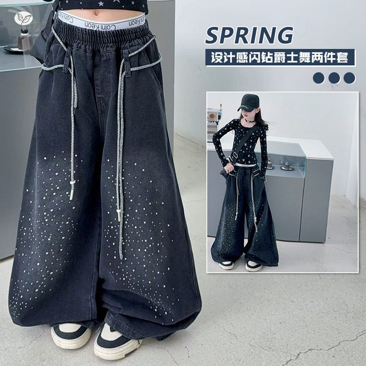 女童春装新款中大童美式烫钻牛仔裤套装星星T恤阔腿裤两件套潮