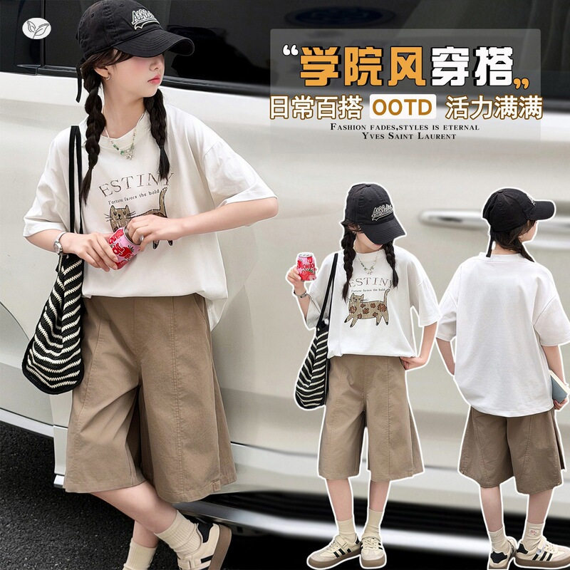 女童夏季新款中大童休闲套装猫咪印花半袖T恤棉布中裤两件套