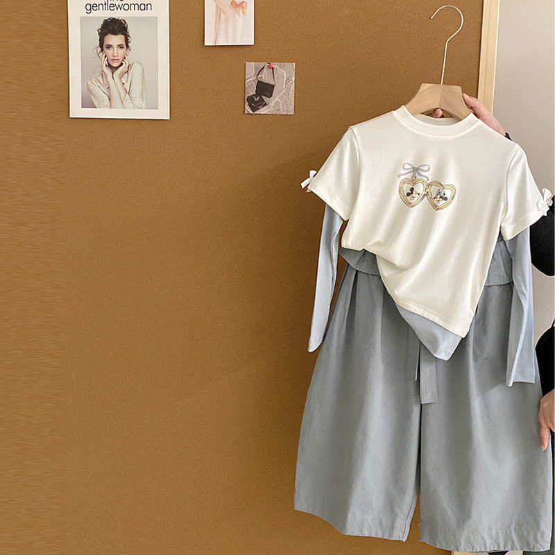 女童春装假两件纯棉长袖T恤长裤子拼接蝴蝶结套头衫打底衫两件套