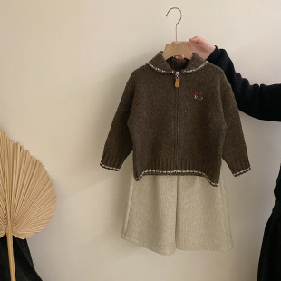 女童秋冬装新款韩系复古翻领拉链毛衣外套洋气加绒休闲裤两件套