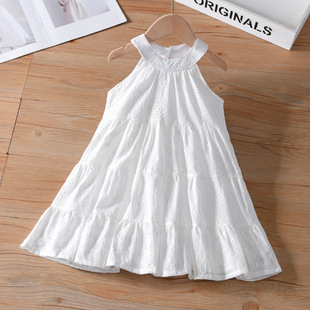 可扎染女童挂脖连衣裙2025夏季新款儿童纯白蕾丝绣花吊带公主裙