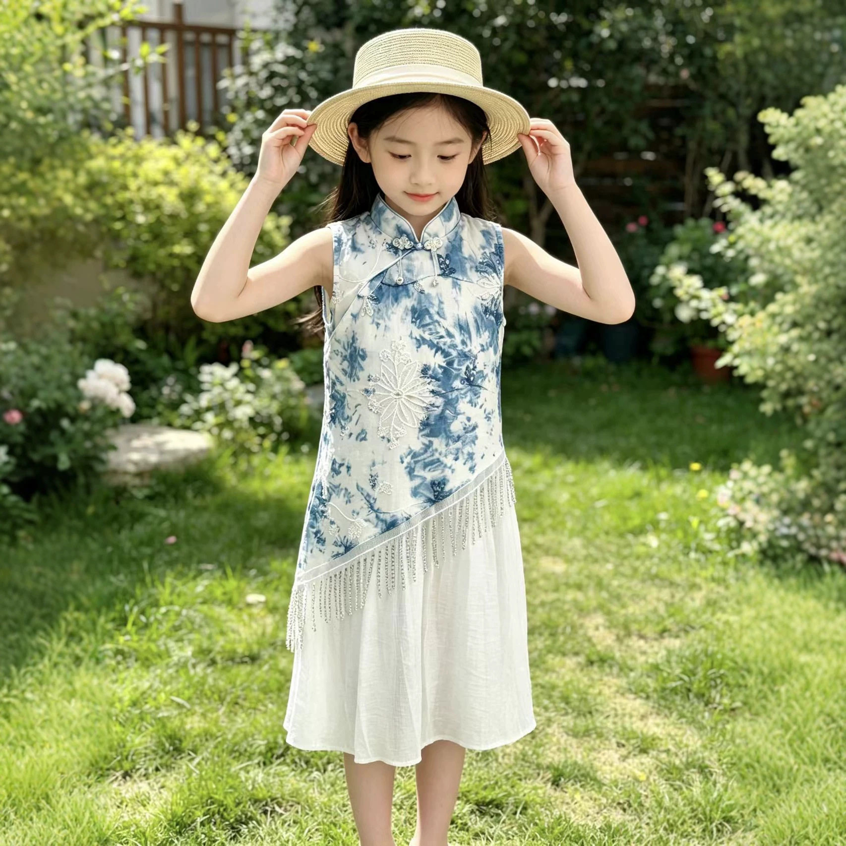 女童夏季新中式扎染旗袍连衣裙图片