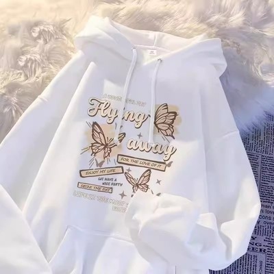 女童白色蝴蝶字母印花连帽卫衣
