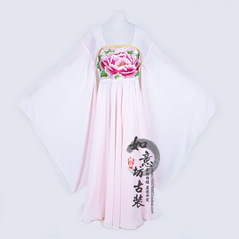 2023新款反串演出服李玉刚古装戏服肉粉色大裙摆刺绣飞天秧歌舞女