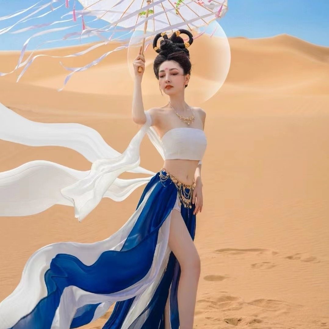 异域风敦煌飞天汉服女西域风情公主沙漠旅拍写真汉元素舞蹈演出服