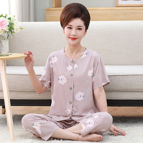 中老年睡衣女夏季棉绸短袖长裤