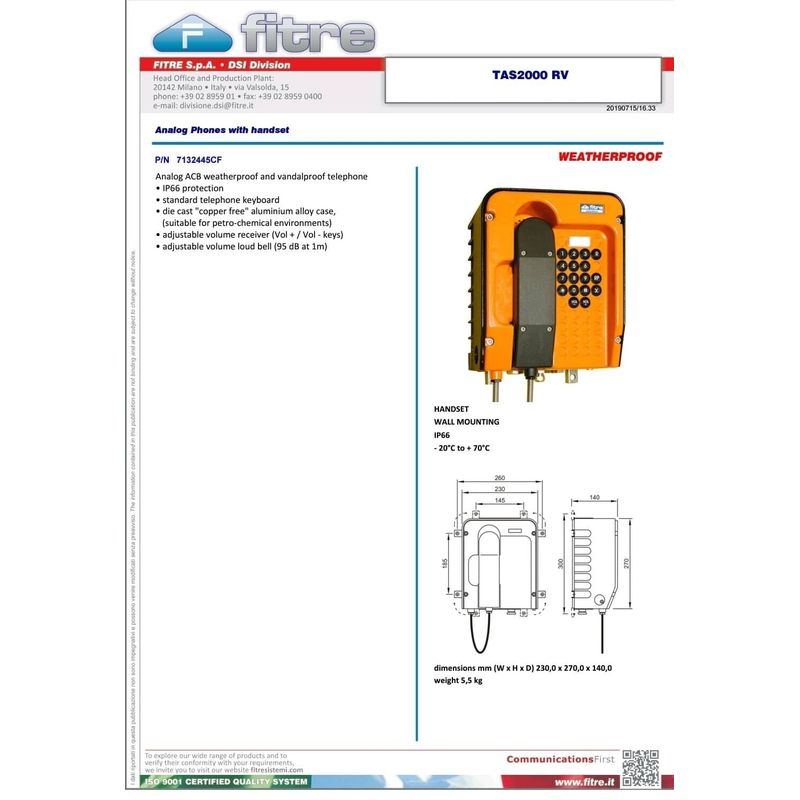 FITRE TAS2000RV WEATHERPY HANDSET 墙壁安装 P/N:7132445CF IP/