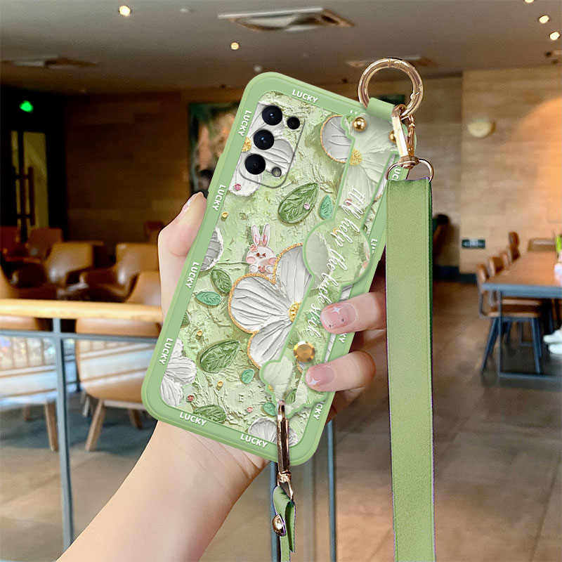 适用opporeno5手机壳白花兔reno5pro新款reno6腕带支架reno12女款高级感reno13爆款防摔reno14腕带斜挎绳全包