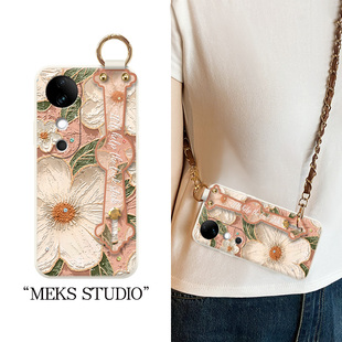 适用于vivoS19手机壳新款链条斜挎绳油画红茶花S19pro女款清新时尚高端外壳S20腕带支架全包防摔保护套S16夹