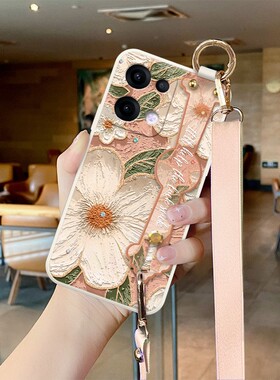 适用于OPPOReno13手机壳新款清新油画红茶花新年款时尚挂绳reno15女款reno14外壳全包可背斜挎绳高级感