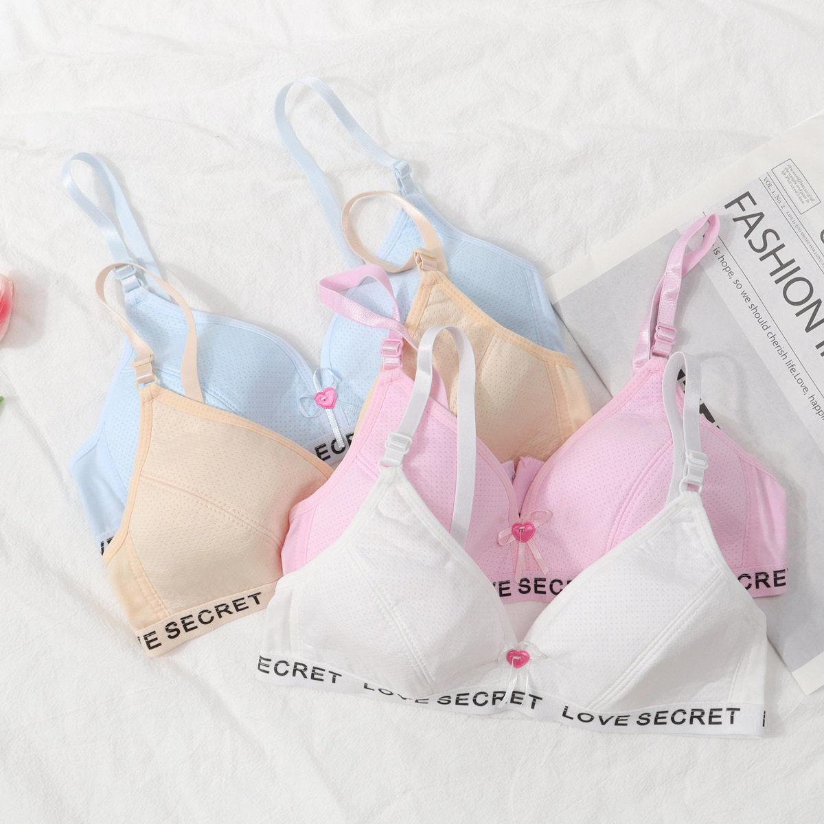 少女发育期无钢圈初中高中学生文胸套装薄款纯棉舒适小胸聚拢内衣