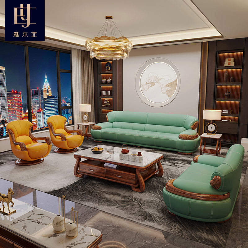 新中式乌金木真皮沙发大小户型124组合头层牛皮现代简约实木家具