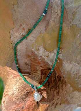 Yu.xin原创设计纯手工天然石松石不规则巴洛克珍珠镶银米珠项链