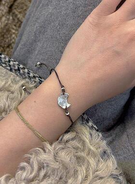 Y.xin原创设计纯手工纯银敲打月亮纹理感皮手绳平安幸运手链