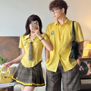 夏季 男女两件套法式 韩版 衬衫 一裙一衣ins潮 短袖 小众设计感情侣装