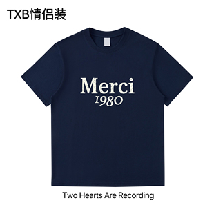 打底男女上衣T 旧时光T恤全棉宽松圆领字母印花短袖 情侣装 2025新款