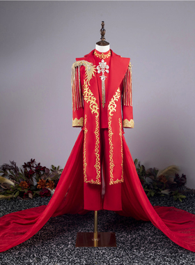 出租男童国潮岩浆红色登峰华夏龙模特走秀侠客风新中式演出晚礼服