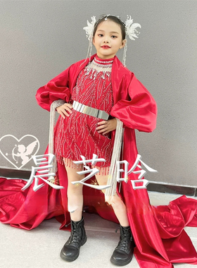 出租女童红色国潮模特走秀PK赛服岩浆红色登峰复古港风演出晚礼服