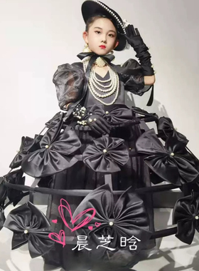 出租女童黑色赫本复古风模特走秀主持儿童主持罗马假日演出晚礼服