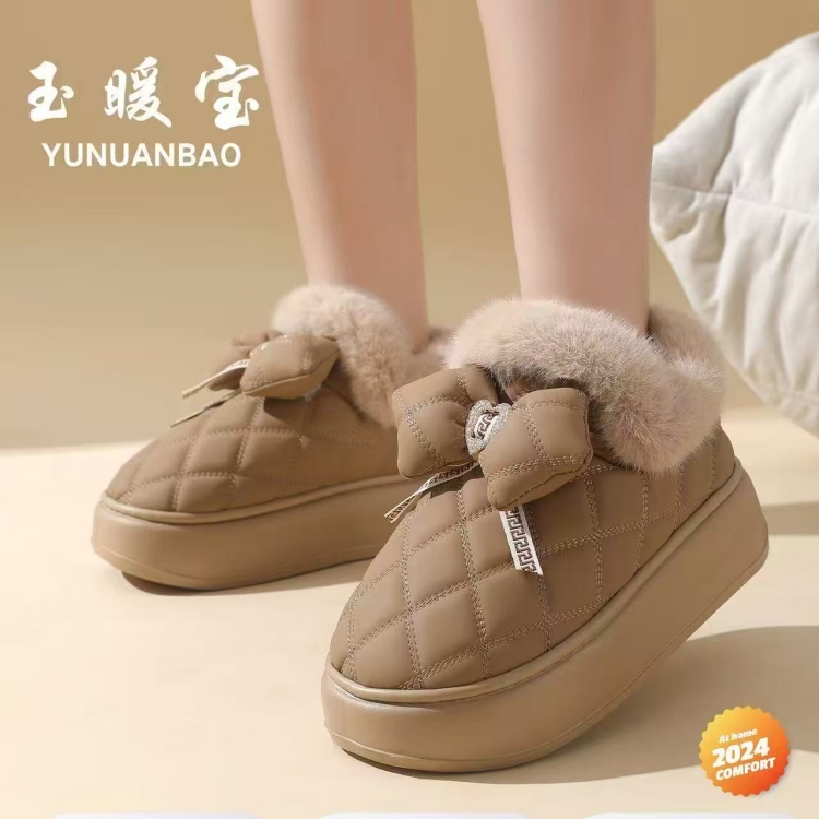 厚底蝴蝶结棉鞋女秋冬季2024新款彩带条室内保暖包跟棉拖鞋女外穿
