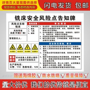 铣床安全风险点告知牌电力机械机床消防岗位警示牌危险源标识卡牌