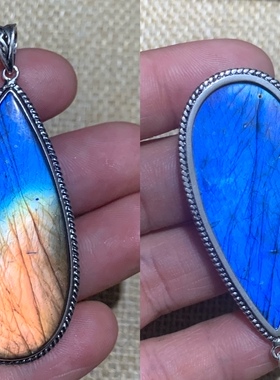 拉长石吊坠银镶嵌精品项链蓝光彩光雕刻情侣礼物流行小饰品