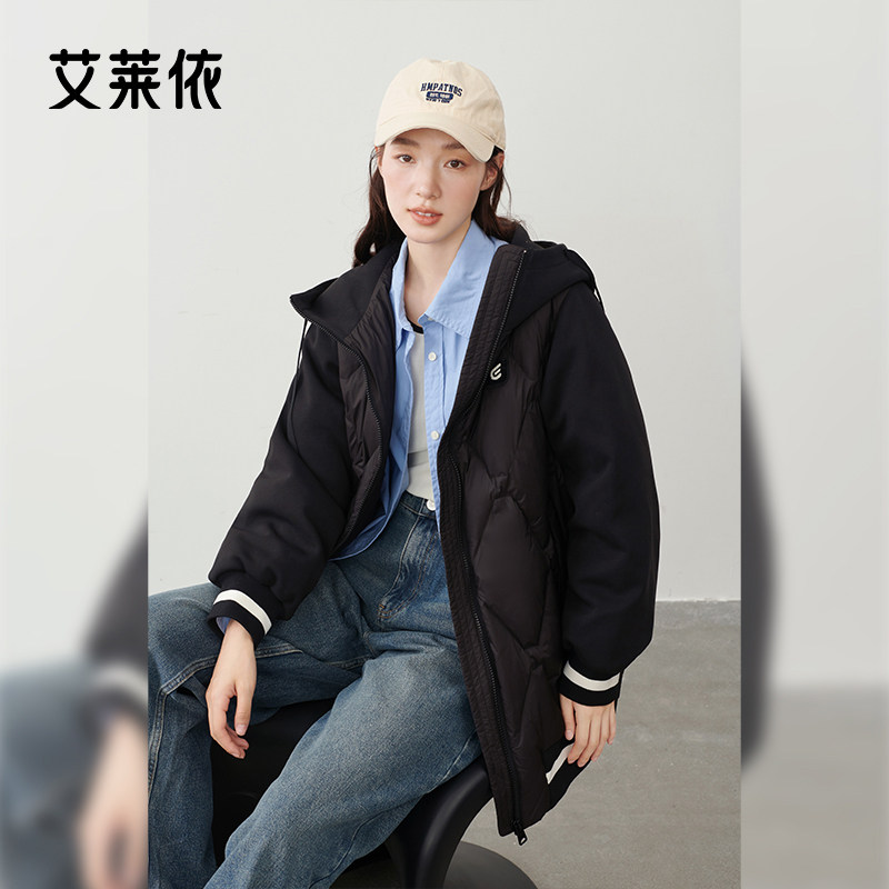 艾莱依爆款拼接卫衣式羽绒服女连帽短款秋冬季时尚防风鸭绒外套