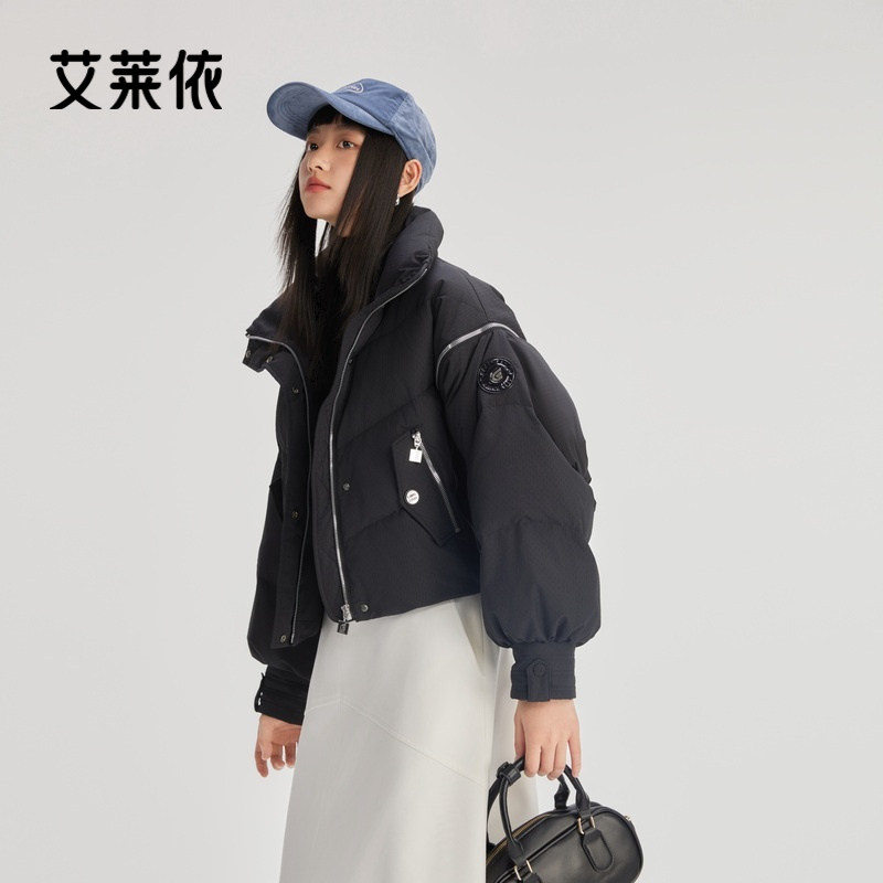 艾莱依新款羽绒服女甜美时尚通勤保暖鸭绒立领无帽设计感短款外套