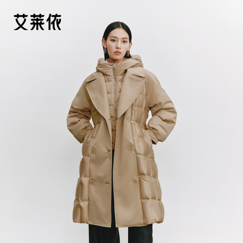 艾莱依假两件式连帽鹅绒服外套