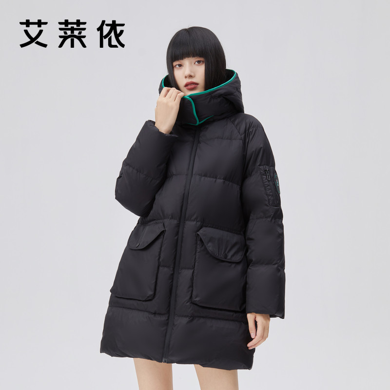 艾莱依中长款羽绒服女冬季新款2022年时尚大牌设计感连帽鸭绒外套