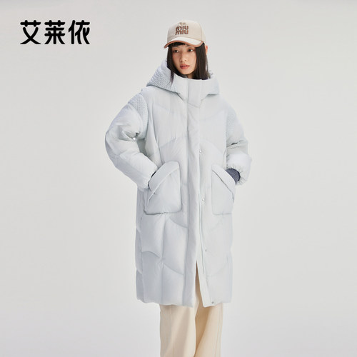 艾莱依泡芙感羽绒服女款新款连帽长款时尚设计感拼接休闲冬季外套