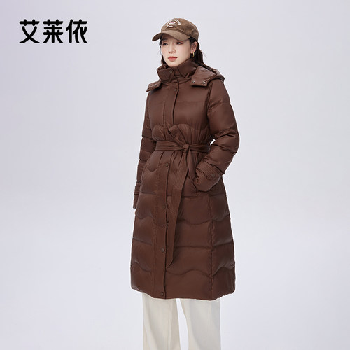 艾莱依轻奢长款连帽收腰鹅绒服