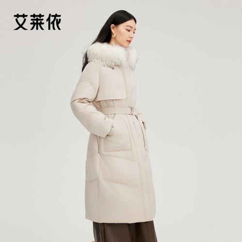 艾莱依可脱卸毛领长款羽绒服