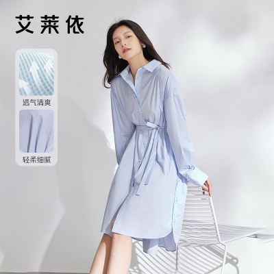 【达播】艾莱依连衣裙女夏季长袖气质优雅衬衫裙时尚收腰显瘦裙子