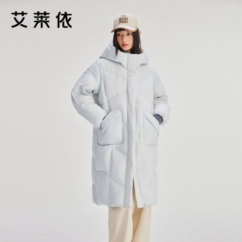 艾莱依泡芙感羽绒服女款新款连帽长款时尚设计感拼接休闲冬季外套