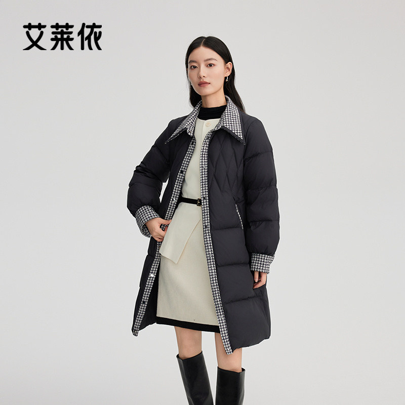 艾莱依新款羽绒服小香风收腰大衣百搭简约时尚保暖千鸟格拼接外套