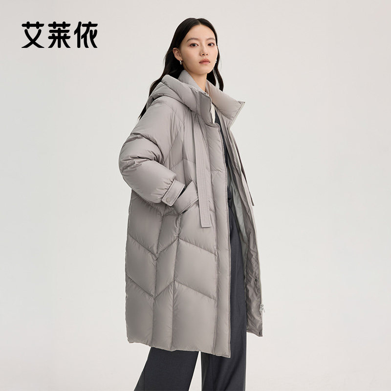 艾莱依长款羽绒服女款新款爆款加厚连帽鸭绒面包服外套大口袋设计