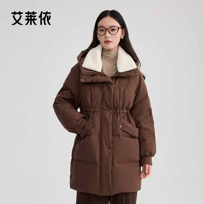 艾莱依新款防羊羔毛领羽绒服时尚简约防风保暖包容性佳中长款外套