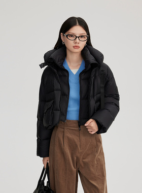 艾莱依黑色短款鹅绒服女新款休闲泡芙外套可脱卸U形枕羽绒服反季