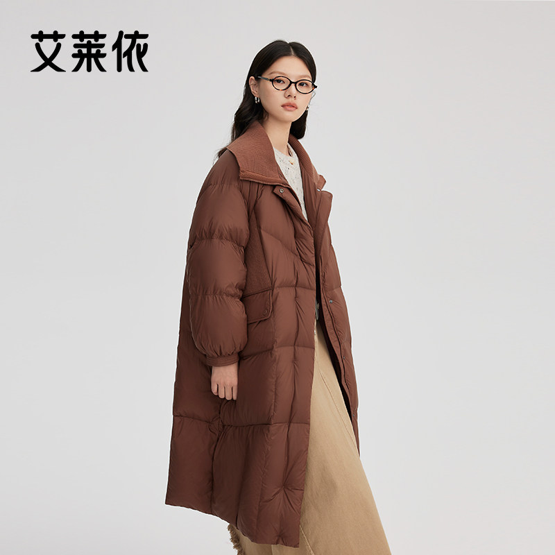 艾莱依长款羽绒服新款针织拼接翻领大衣简约时尚保暖百搭通勤外套