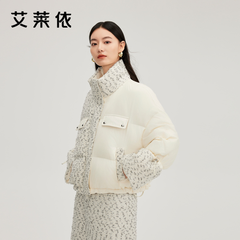 艾莱依短款羽绒服女款新款时尚收口防风保暖收腰爆款鸭绒白色外套