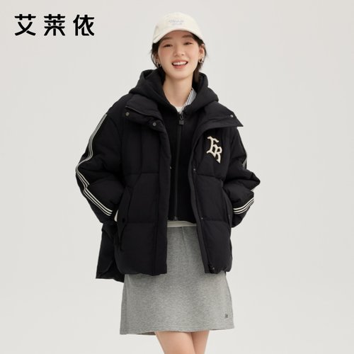 艾莱依假两件短款羽绒服美式新款运动时尚休闲连帽宽松加厚外套女