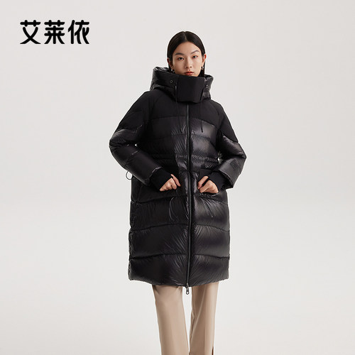 艾莱依酷飒曲格羽绒服连帽设计防风保暖时尚口袋简约大气长款外套